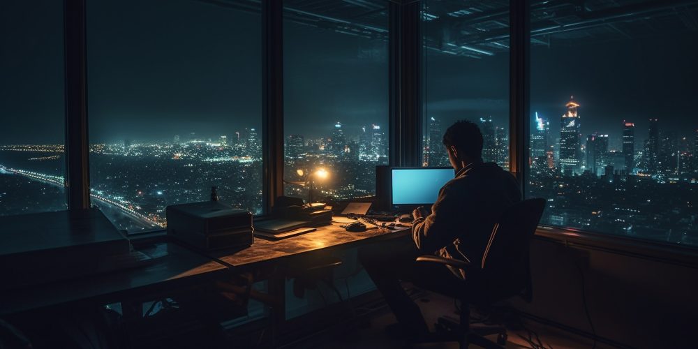 Businessman and woman planning success in illuminated skyscraper generated by artificial intelligence